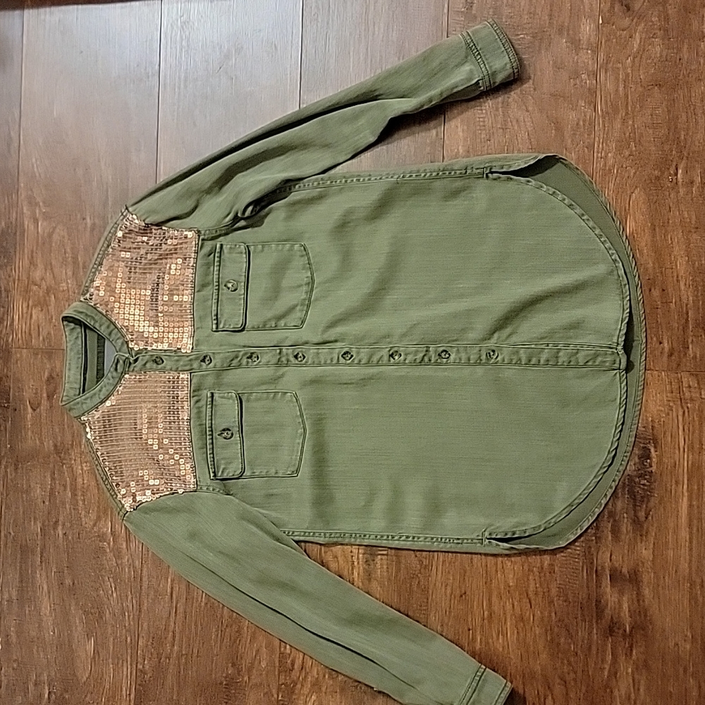 Anthropologie Olive Green Gold Sequins Button Down